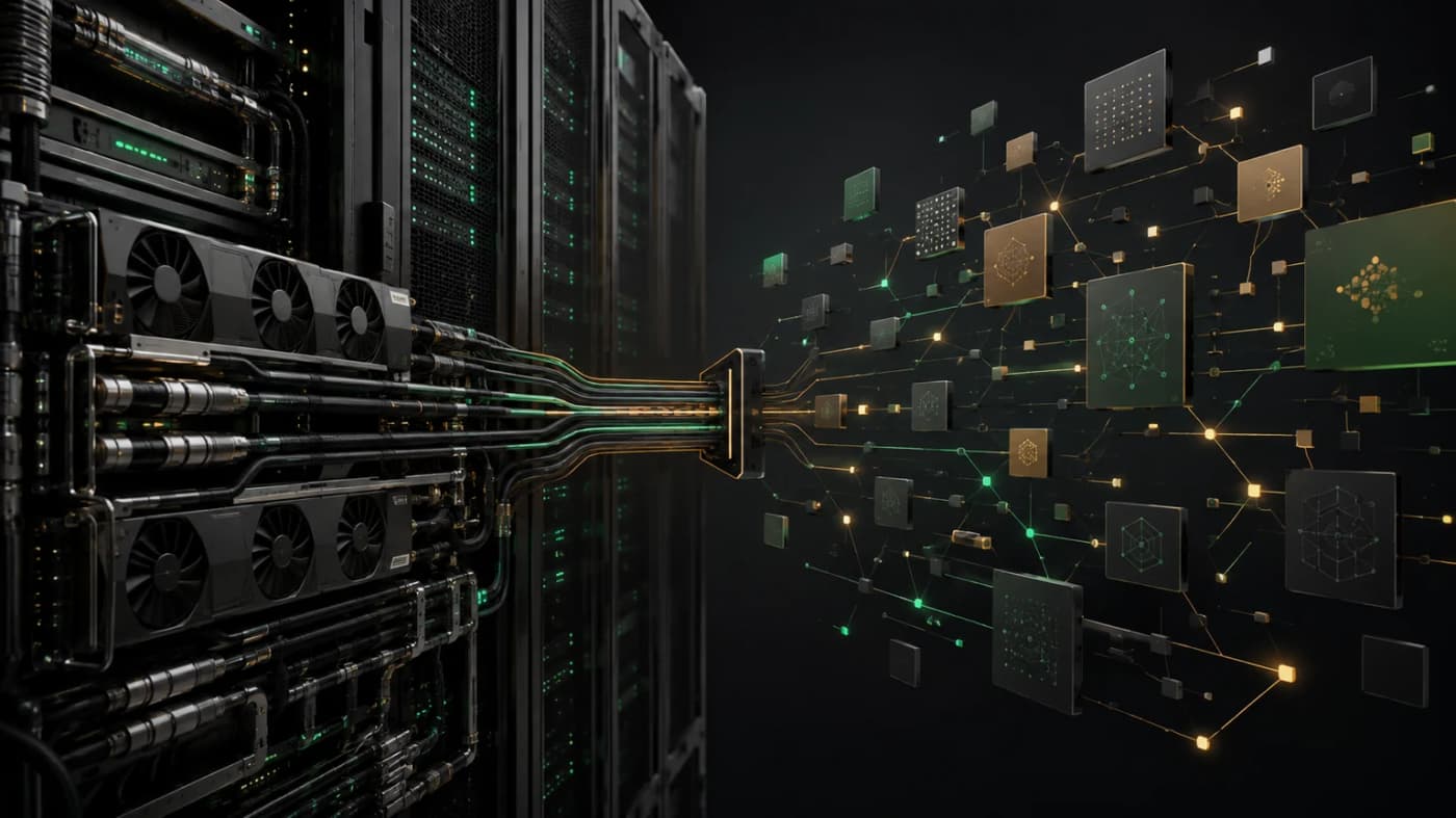 Racks de computação conectados a uma rede abstrata de módulos de modelos de inteligência artificial.